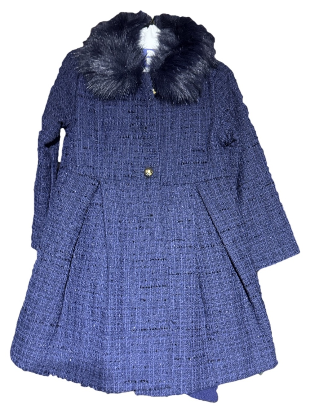Janie & Jack 2T girls Navy Tweed Coat with Faux Fur Collar